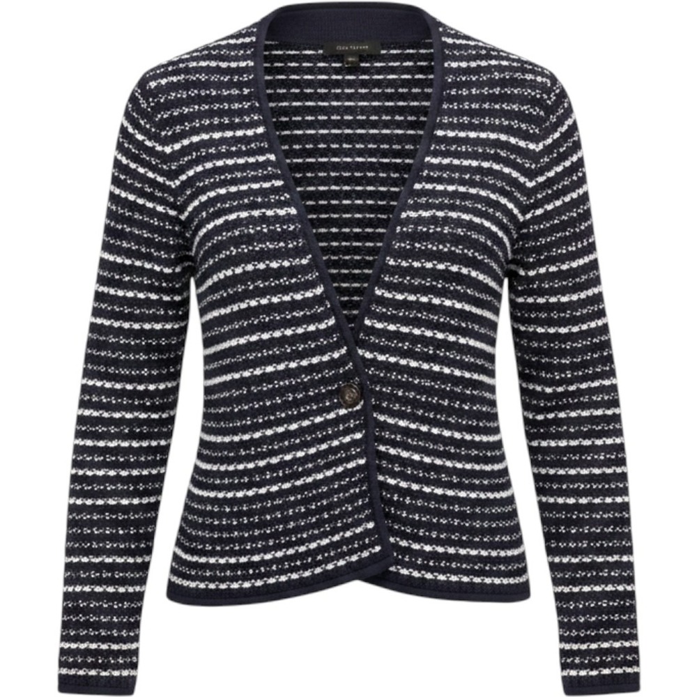 Ann Taylor Womens Navy White Striped Textured Single Button Cardigan Sweater S
